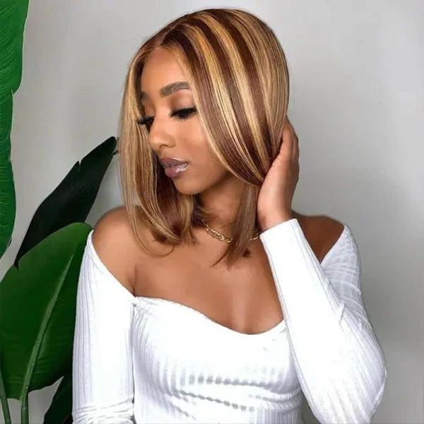 Bob Lace Closure Wigs Straight Pre Cut Glueless Human Hair Wigs Highlight 4/27