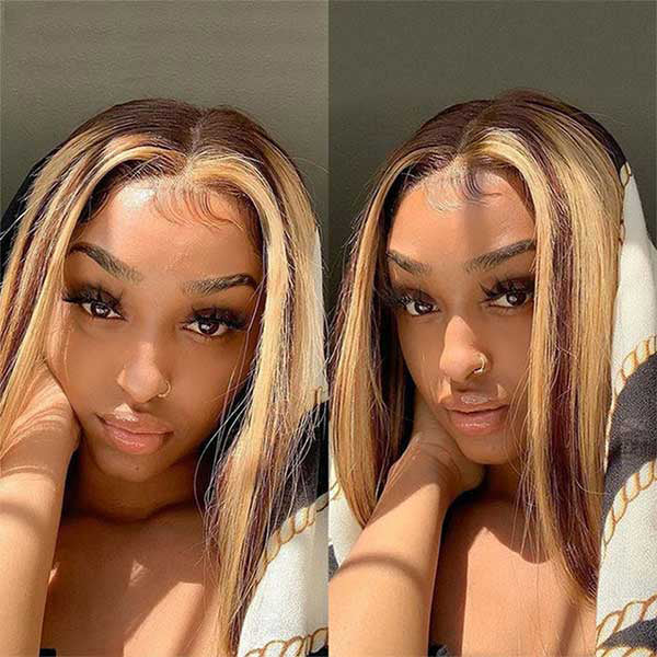 Bob Lace Closure Wigs Straight Pre Cut Glueless Human Hair Wigs Highlight 4/27