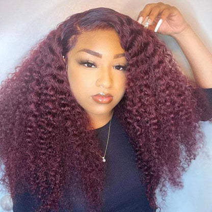 99J Burgundy Kinky Curly Virgin Human Hair Pre Plucked Transparent Lace Front Wigs