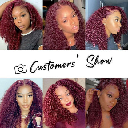 99J Burgundy Kinky Curly Virgin Human Hair Pre Plucked Transparent Lace Front Wigs