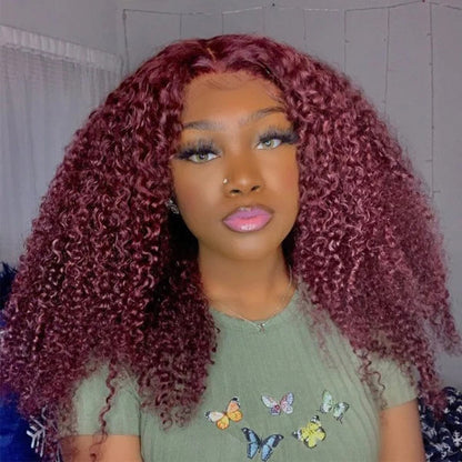 99J Burgundy Kinky Curly Virgin Human Hair Pre Plucked Transparent Lace Front Wigs