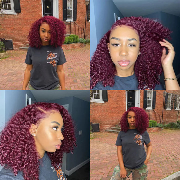 99J Burgundy Kinky Curly Virgin Human Hair Pre Plucked Transparent Lace Front Wigs