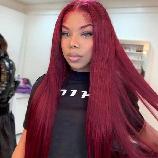 99J Burgundy Lace Closure Wigs Pre Cut Straight Human Hair Wigs Glueless Lace Wig