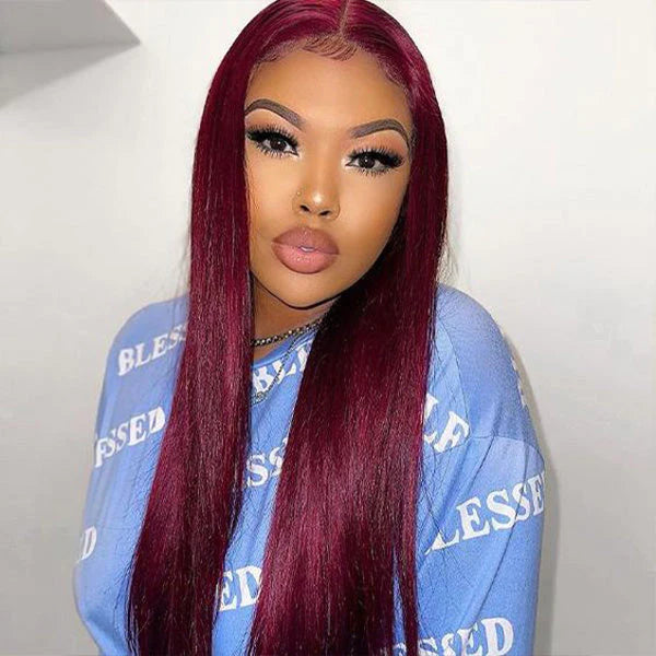 99J Burgundy Lace Closure Wigs Pre Cut Straight Human Hair Wigs Glueless Lace Wig