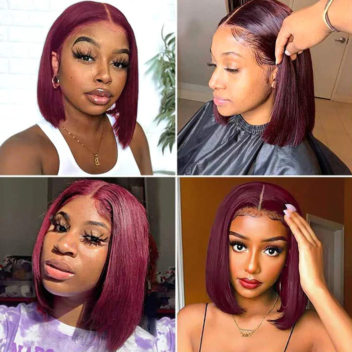 Bob Wigs 99J Burgundy Straight Human Hair Wigs Pre Plucked Lace Front Wigs