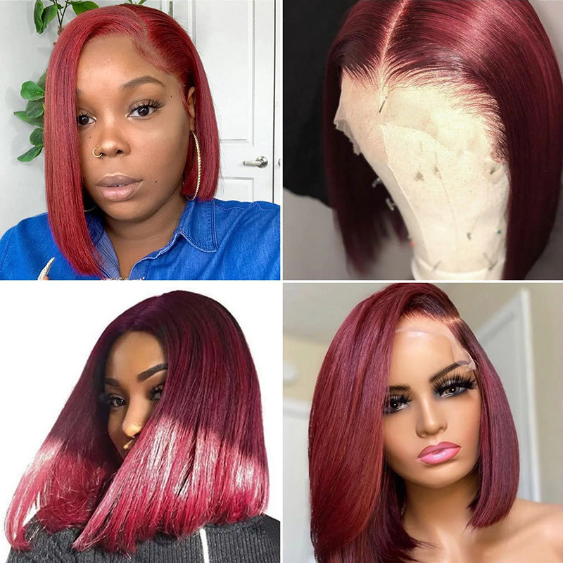 Bob Wigs 99J Burgundy Straight Human Hair Wigs Pre Plucked Lace Front Wigs