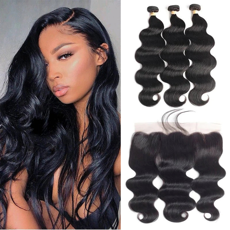 Body Wave 3 Bundles With Frontal Closure Brazilian Human Hair Weave