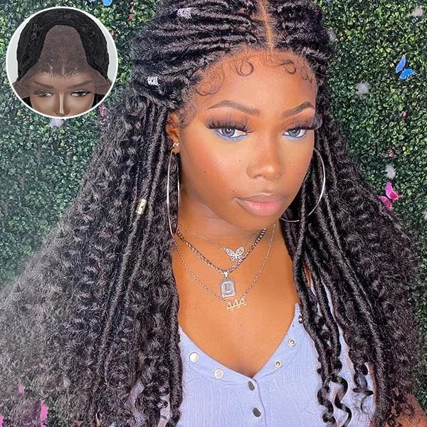 Boho Faux Locs Goddess With Curls Synthetic Braided Lace Closure Wigs