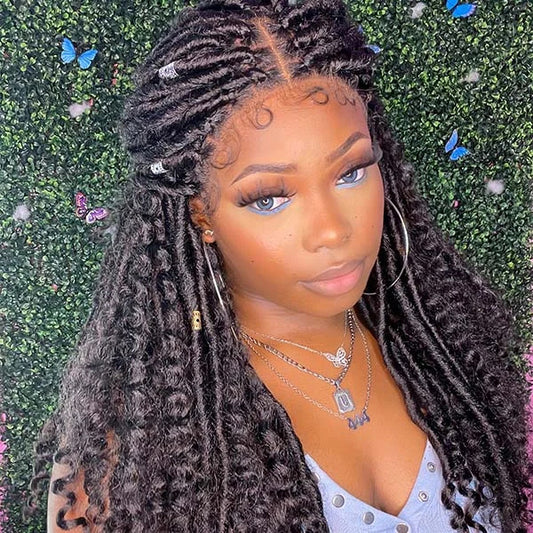 Boho Faux Locs Goddess With Curls Synthetic Braided Lace Closure Wigs