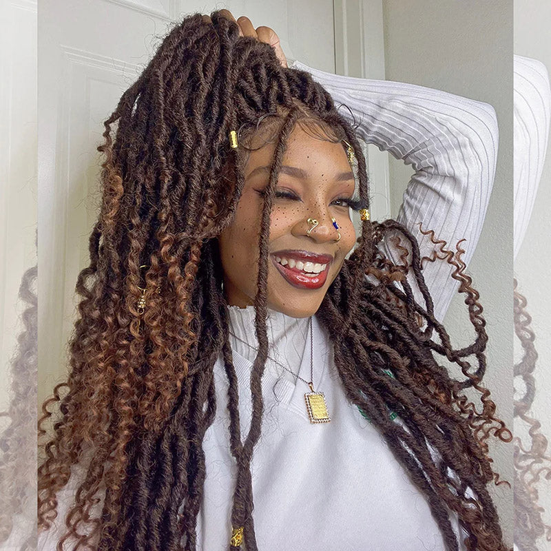 Boho Goddess Locs Deep Curls Ends Lace Closure Wigs Black To Auburn Brown