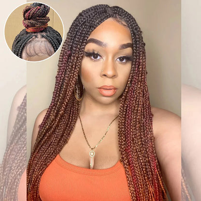 Braided Wigs Ombre Black To Orange Box Braids Synthetic Lace Closure Wigs