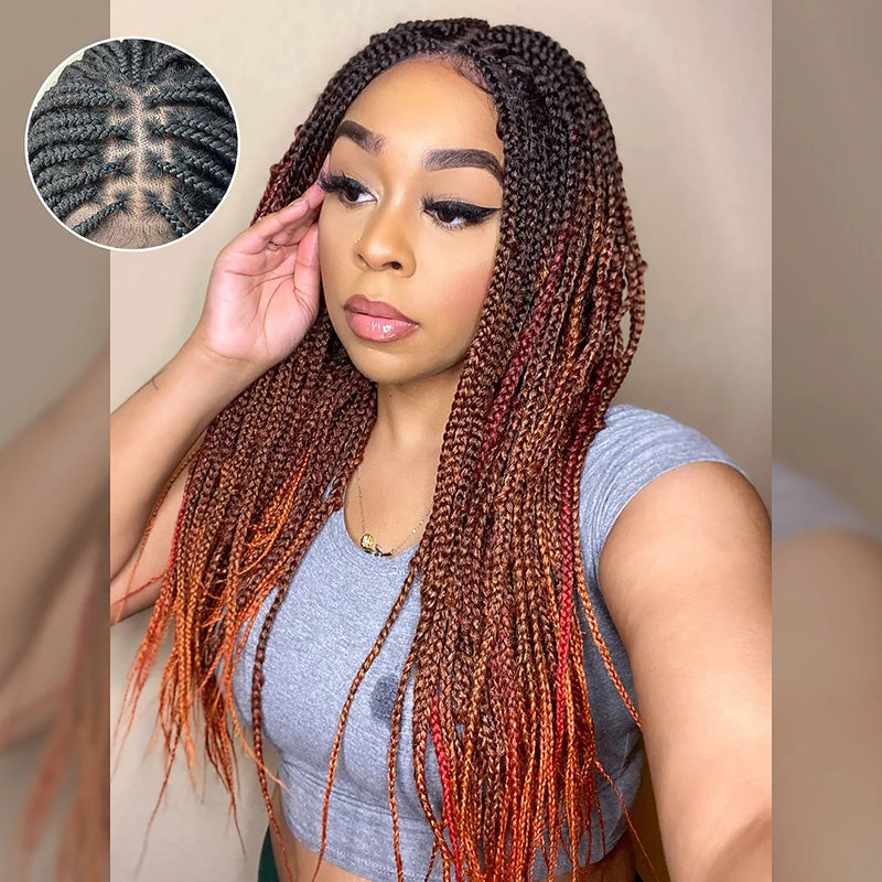 Braided Wigs Ombre Black To Orange Box Braids Synthetic Lace Closure Wigs