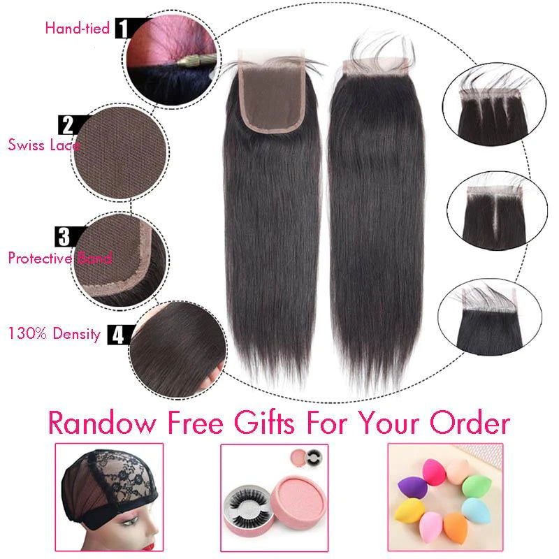 Brazilian Hair Weave Bundles With Closure Straight Remy Human Hair