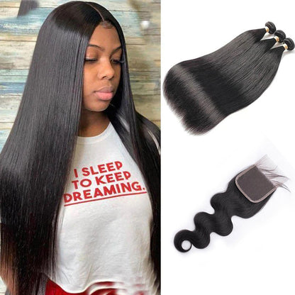 Brazilian Hair Weave Bundles With Closure Straight Remy Human Hair