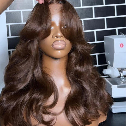 Chocolate Brown #4 Curtain Bangs Wigs Body Wave Human Hair Lace Front Wigs