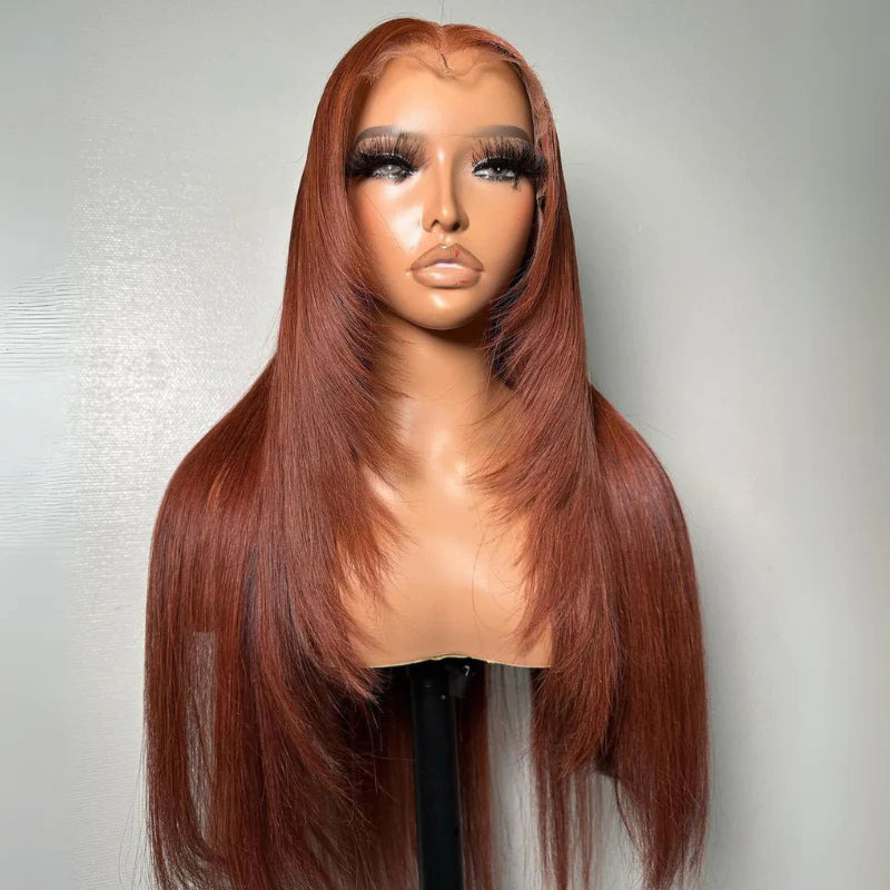 Chocolate Brown Layered Cut Wigs Straight Human Hair Transparent Lace Front Wigs