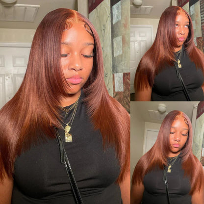 Chocolate Brown Layered Cut Wigs Straight Human Hair Transparent Lace Front Wigs