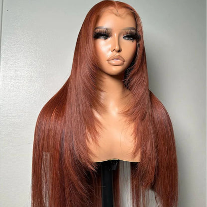 Chocolate Brown Layered Cut Wigs Straight Human Hair Transparent Lace Front Wigs