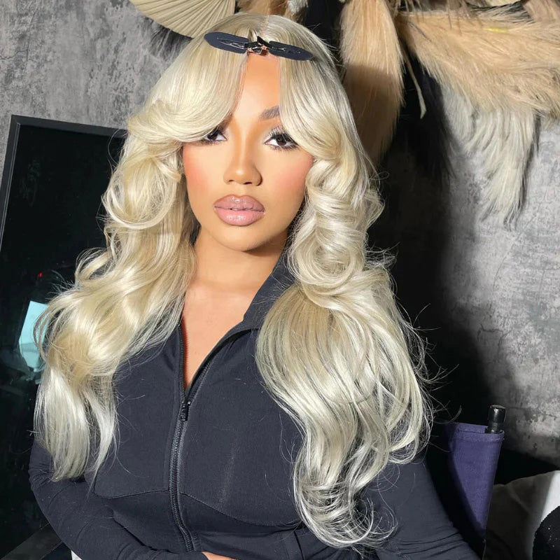 Curtain Bangs Wigs 613 Blonde Body Wave Transparent Human Hair Lace Front Wigs