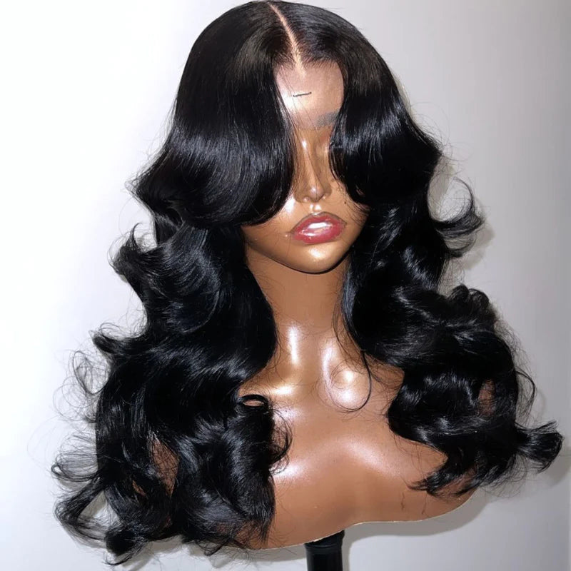 Curtain Bangs Wigs Loose Wave Human Hair Wigs Transparent Lace Front Wigs