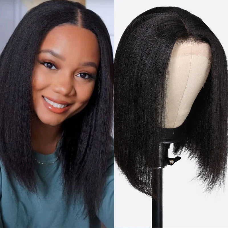 Kinky Straight Human Hair Glueless Lace Closure Wigs Pre Cut Bob Lace Wigs