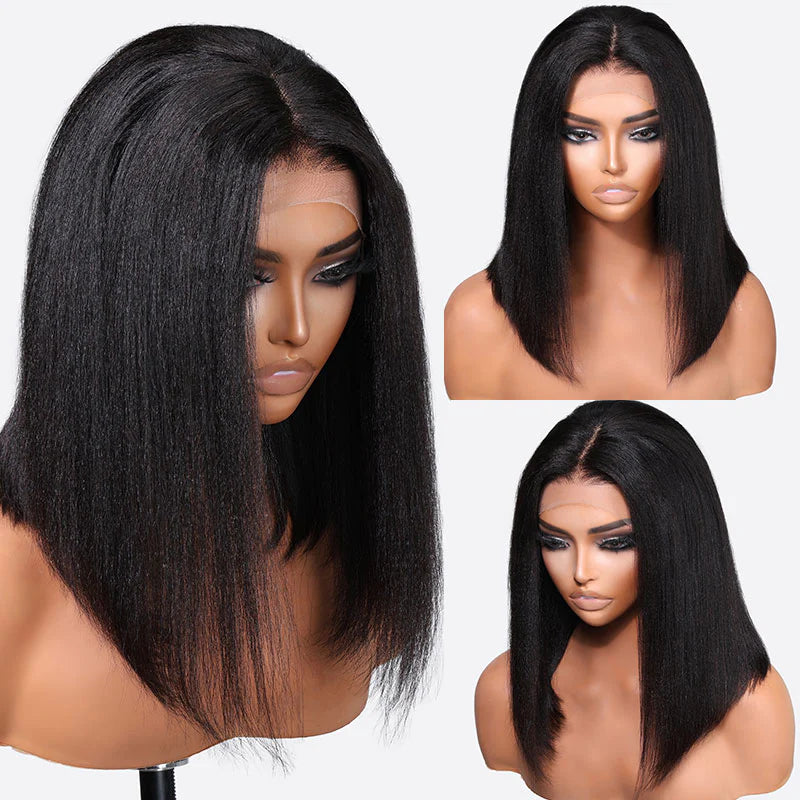 Kinky Straight Human Hair Glueless Lace Closure Wigs Pre Cut Bob Lace Wigs