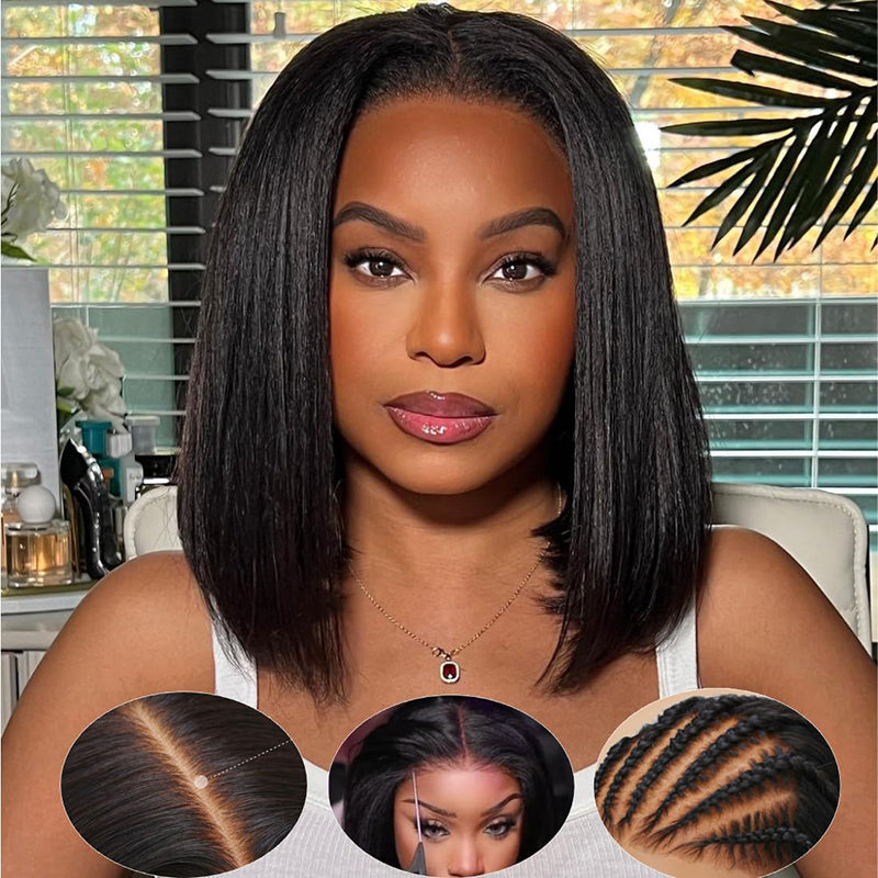 Kinky Straight Human Hair Glueless Lace Closure Wigs Pre Cut Bob Lace Wigs