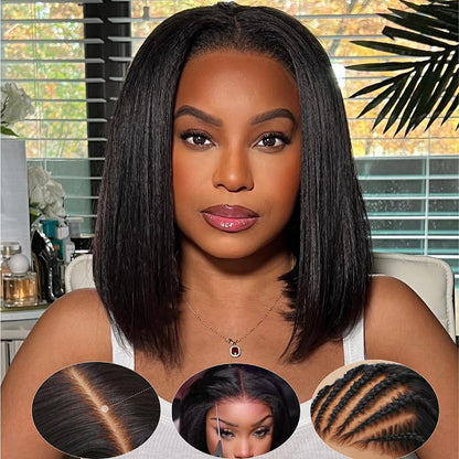 Kinky Straight Human Hair Glueless Lace Closure Wigs Pre Cut Bob Lace Wigs