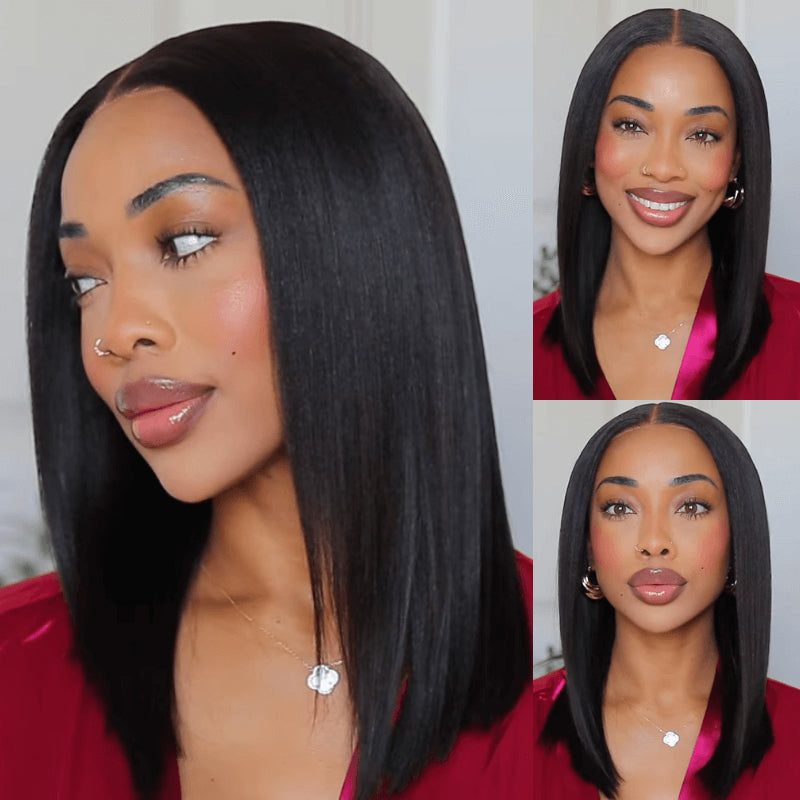 Kinky Straight Human Hair Glueless Lace Closure Wigs Pre Cut Bob Lace Wigs