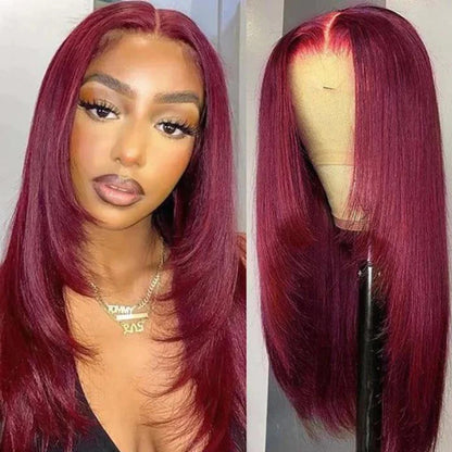 Layered Cut Wigs 99J Burgundy Straight Transparent Lace Front Human Hair Wigs