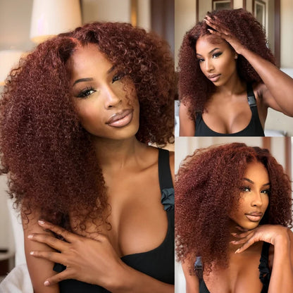 Reddish Brown Lace Front Wigs Kinky Curly Pre Plucked Human Hair Wigs