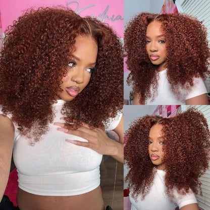 Reddish Brown Lace Front Wigs Kinky Curly Pre Plucked Human Hair Wigs