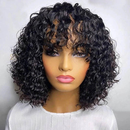 Bob Wig With Bangs For Black Women Curly Human Hair Wigs No Lace Easy to Wear