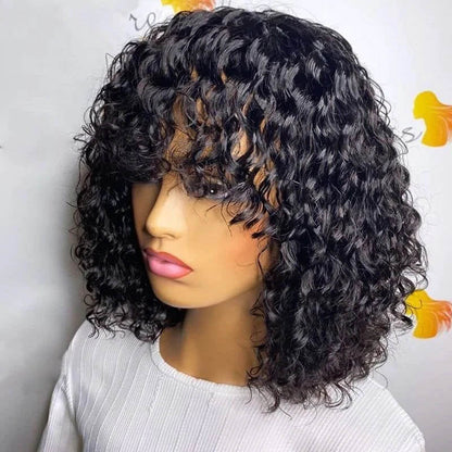 Bob Wig With Bangs For Black Women Curly Human Hair Wigs No Lace Easy to Wear