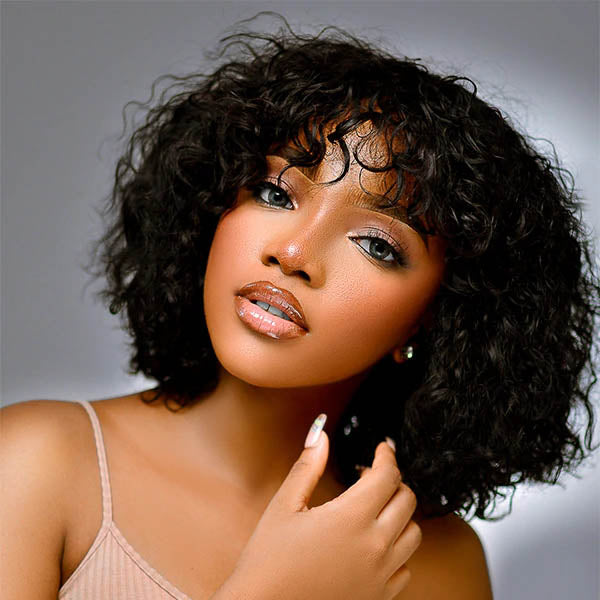 Bob Wig With Bangs For Black Women Curly Human Hair Wigs No Lace Easy to Wear