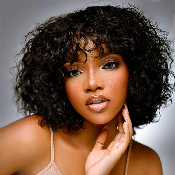 Bob Wig With Bangs For Black Women Curly Human Hair Wigs No Lace Easy to Wear
