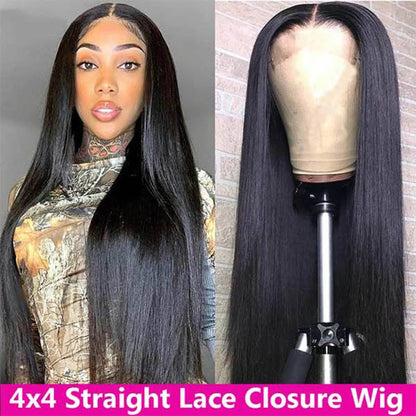 Glueless Lace Closure Wigs Straight Pre Plucked Virgin Human Hair Wigs