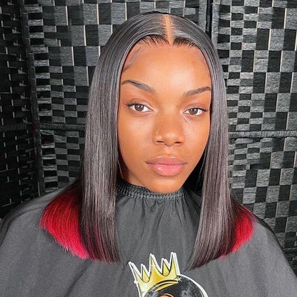 Peekaboo Highlight Red Colored Human Hair Wigs Straight Bob Lace Front Wigs