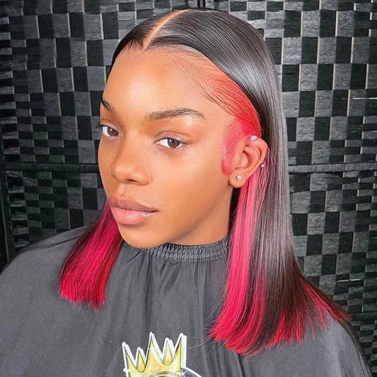 Peekaboo Highlight Red Colored Human Hair Wigs Straight Bob Lace Front Wigs
