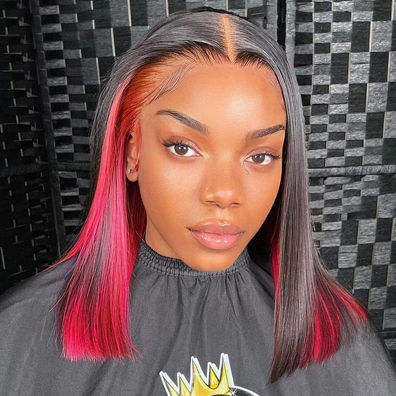 Peekaboo Highlight Red Colored Human Hair Wigs Straight Bob Lace Front Wigs