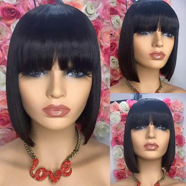 Silk Base Top Straight Bob Wigs With Bangs For Black Women Human Hair Wigs